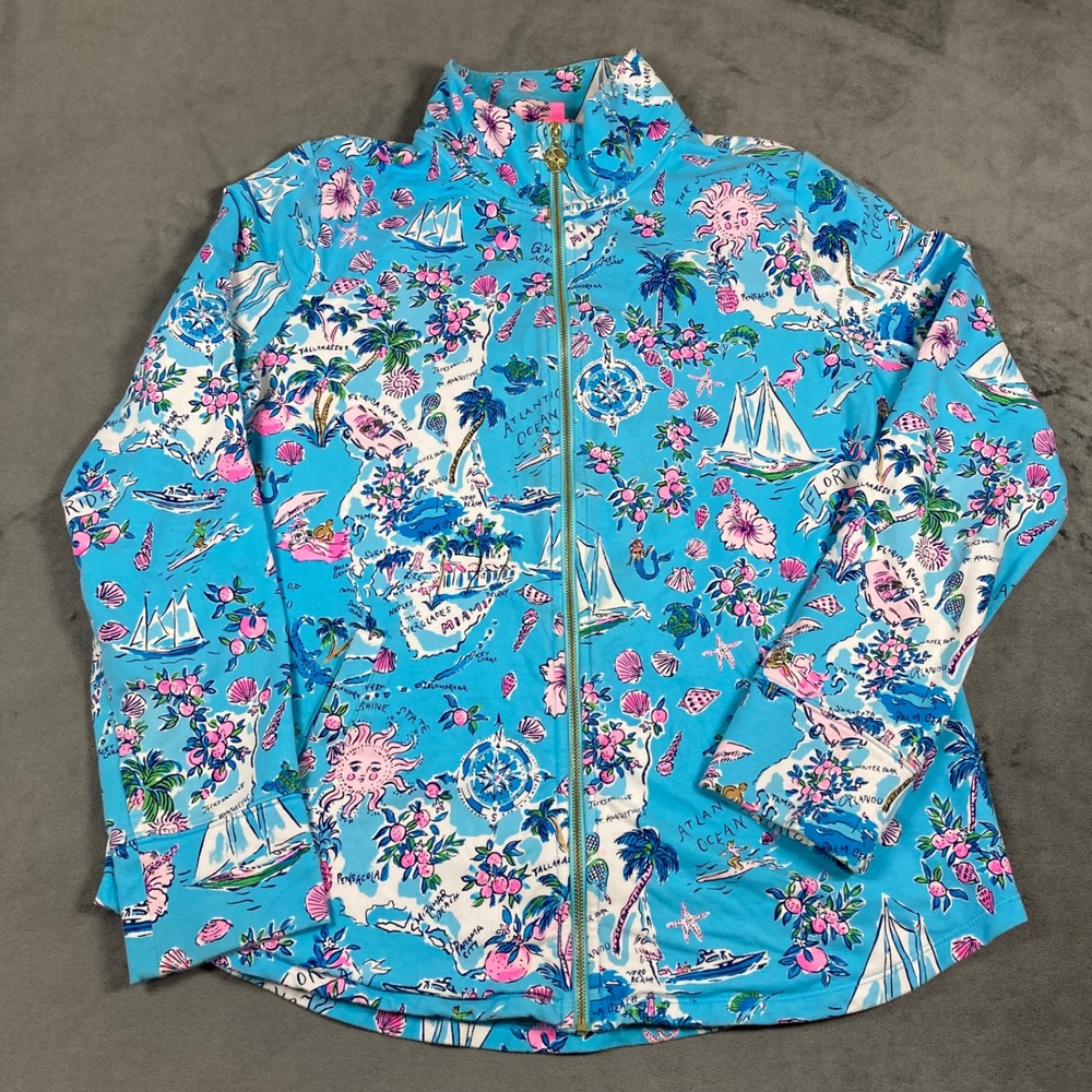 Lilly Pulitzer Florida Road Trip Map Full Zip Jacket Blue Pink Medium